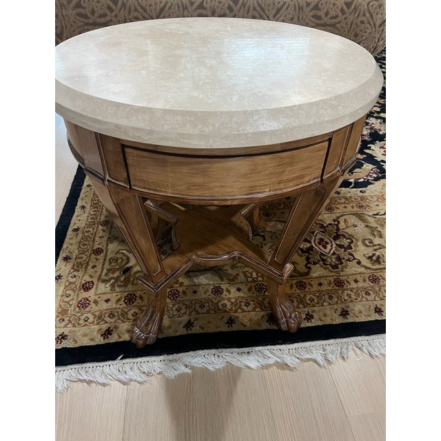 Round Wood and Travertine Top Sussex Side Table/Nightstand Attributed to Kreiss Sussex—Natural Walnut With Neoclassical Paws For Sale - Image 10 of 13