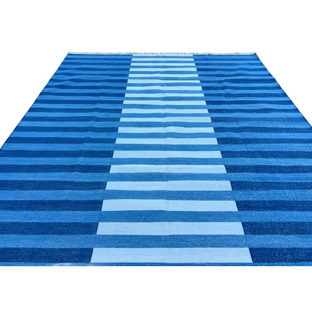 Textile Handmade Cotton Area Rug, Natural Vegetable Dyed, Indigo Blue Striped Rug - 6'x9' For Sale - Image 7 of 13