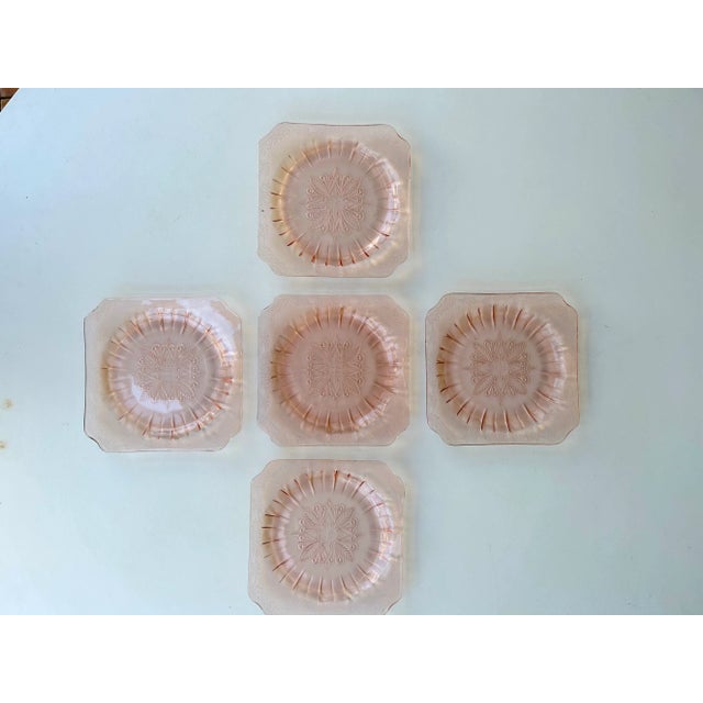 Vintage Boho Chic Pink Floral Depression Glass Dessert Plates -Set of 5 For Sale In Palm Springs - Image 6 of 6