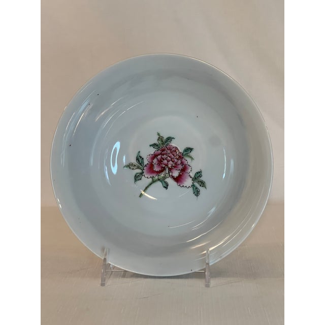 Late 20th Century Vintage Famille Rose Chinese Porcelain Bowl With Peonies and Butterflies on Hand-Carved Stand For Sale In Mobile - Image 6 of 13