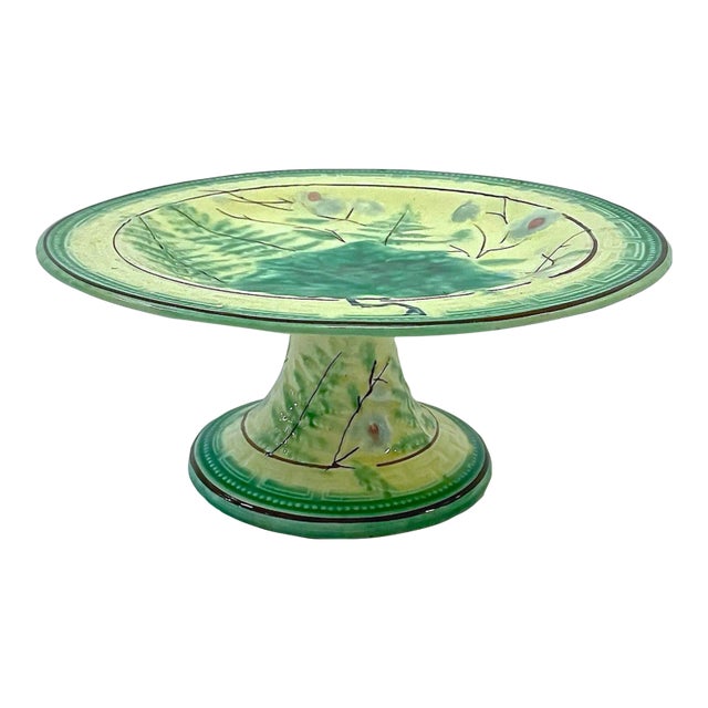 Antique Majolica Leaf & Floral Compote For Sale