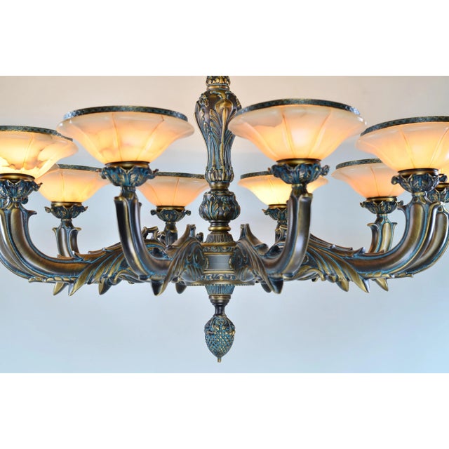 Metal Large Spanish Alabaster Globe Chandelier 10-Light Solid Bronze 40" W For Sale - Image 7 of 10