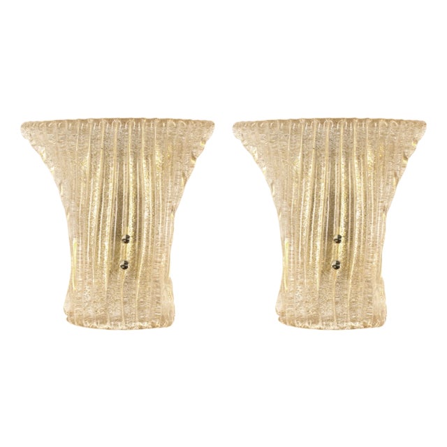 Ribbed Amber and Golden Murano Glass Wall Lamps, 1960s, Set of 2 For Sale