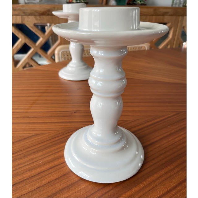 1970s White Ceramic Candle Holders-a Pair For Sale - Image 4 of 11