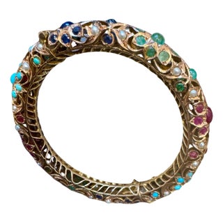 Natural Turquoise Emerald Ruby Sapphire pearl Bangle in 14 Kt Yellow Gold 41 Gm For Sale