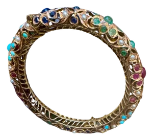 Natural Turquoise Emerald Ruby Sapphire pearl Bangle in 14 Kt Yellow Gold 41 Gm