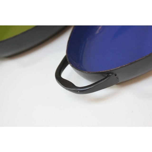 Trio of Vintage Blue, Green, and Orange Enamel Sauté Pans For Sale - Image 10 of 12