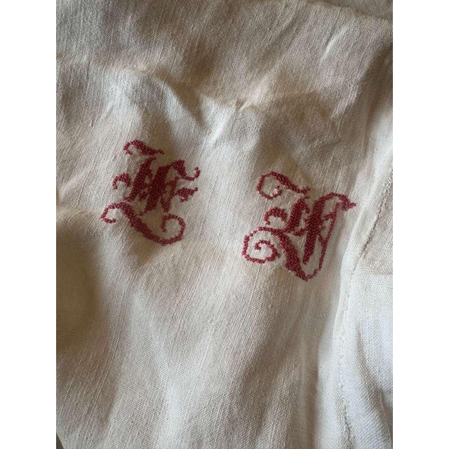 Linen Antique French Linen Sheet Red Monogram Cross Stitch Soft Linen Sheet Lh Initials Rustic Trousseau Linen Circa 1900 For Sale - Image 8 of 12