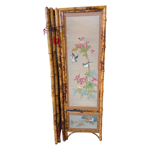 Oriental Four-Panel Room Divider in Bamboo Wood, 1950s For Sale - Image 3 of 9
