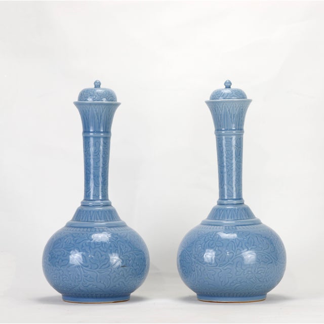 Baby Blue A Pair of Chinese 20th Century Ottoman-Style Light Blue Glazed Lidded Vases For Sale - Image 8 of 8