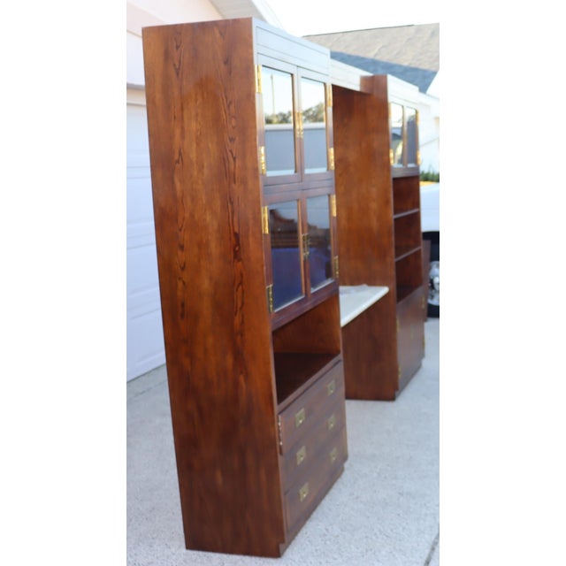 Henredon 1970s Campaign Vintage Henredon Oak Wall Unit With Marble Counter and Mirrored Cabinets For Sale - Image 4 of 17