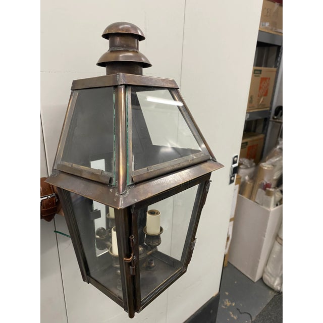 Custom, extra small, natural brass, exterior sconce with glass top, finial feet and a short smoke chimney top with two UL...