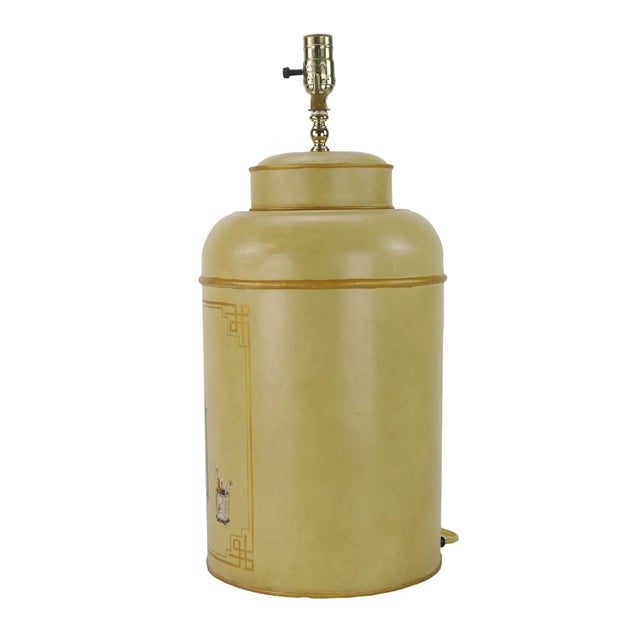 A Pair 1990s British Chinoiserie Hand-Painted Tin Tea Canister Table Lamps For Sale - Image 9 of 11