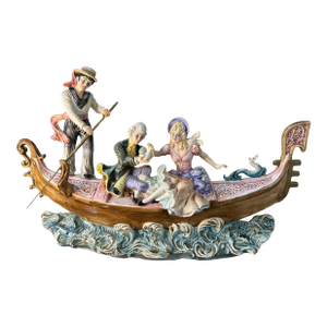 Antique Capodimonte "A Couple on the Gondola" Porcelain Sculpture With Brass Remo (Oar)