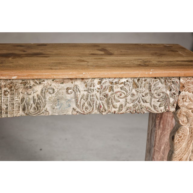 Traditional Mughal Style Whitewash Console Table with Foliage Carved Apron and Legs For Sale - Image 3 of 12