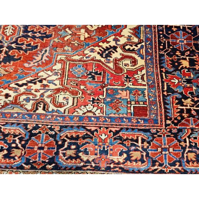 Vintage Persian Heriz Serapi Rug, Hand-Knotted Wool, Geometric Medallion Pattern, Red & Ivory, 10x12 For Sale - Image 12 of 14