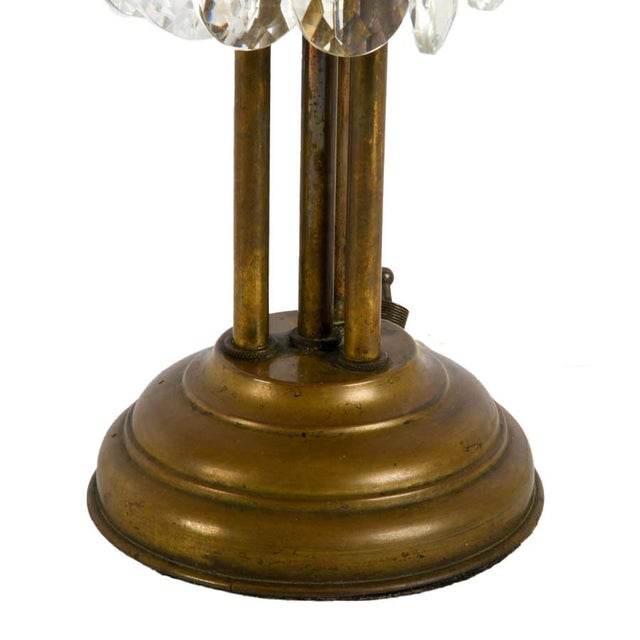 Traditional Vintage Brass and Crystal Hurricane Table Lamp With Glass Chimney and Prisms For Sale - Image 3 of 4