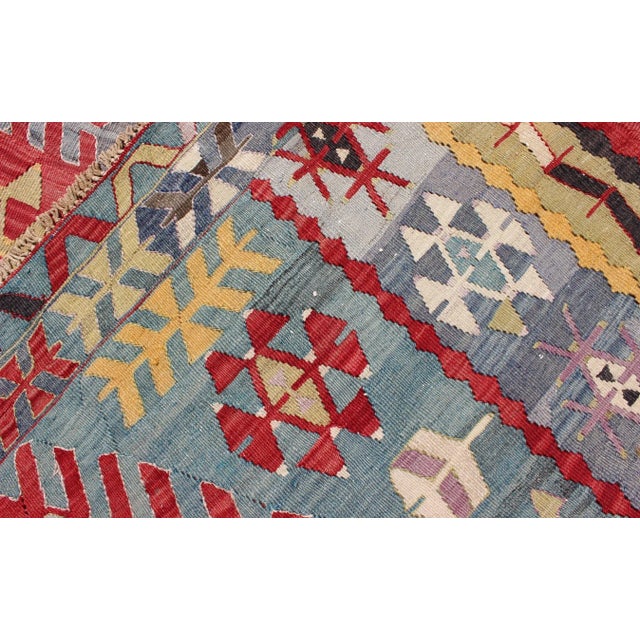 Vintage Turkish Kilim Flat-Weave Rug With Geometric Design in Red, Yellow, Green For Sale - Image 10 of 12