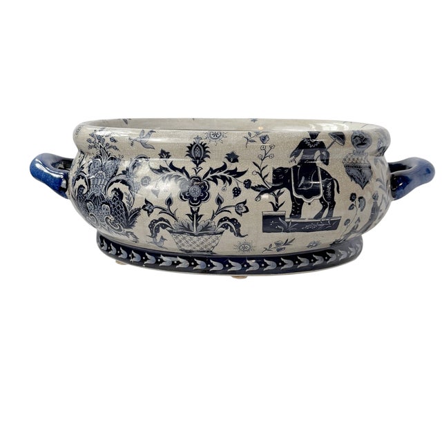 Ceramic Vintage Large Indigo Blue & Ivory Chinoiserie Elephant Footbath Planter For Sale - Image 7 of 8