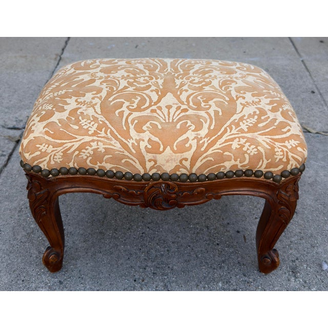 French Provincial Antique Louis XV French Provincial Footstool With Fortuny Seat For Sale - Image 3 of 7