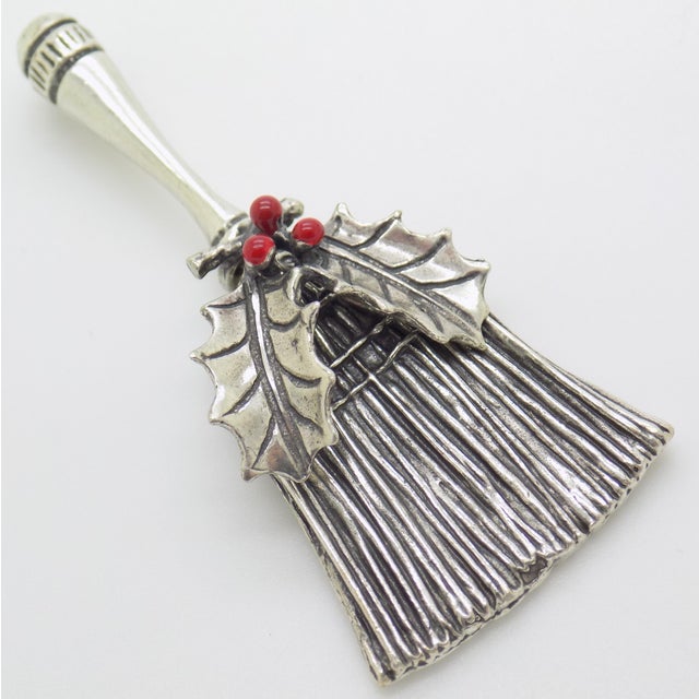 1980s Vintage Italian Genuine Silver Christmas Lucky Broom Good Luck Holiday Miniature With Holly, Enameled Figurine Made in Tuscany For Sale - Image 5 of 12