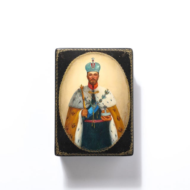 Hand-Painted Russian Box of Tsar Nicholas II With Vermillion Red Interior For Sale - Image 4 of 13