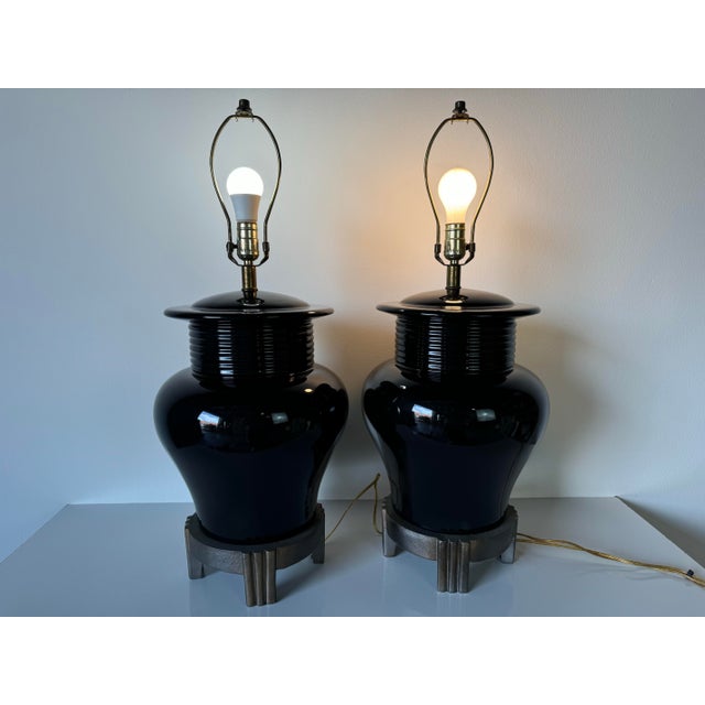 1980's Vintage Art Deco - Asian Style Black Glaze Ceramic Table Lamps - A PairLD For Sale - Image 10 of 12