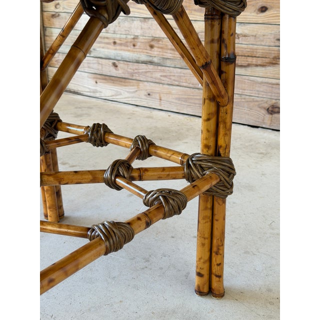 Wood Vintage Coastal Tortoise Bamboo Octagonal Dining Table With Decoupage Floral Top For Sale - Image 7 of 12