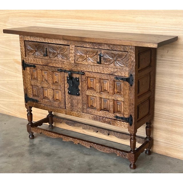 19th Spanish Baroque Carved Walnut Tuscan Two Drawer Credenza or Buffet For Sale - Image 18 of 18