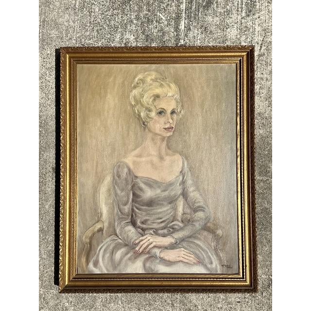 Vintage MCM Original Oil Portrait of Woman For Sale - Image 4 of 12