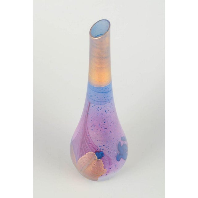 French studio glass vase, 1980s. Elegant slender art-glass vase in mouth-blown glass with iridescent surface in pastel...
