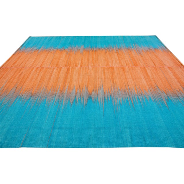 2010s Modern Kilim Flatweave Abstract Designed Blue and Orange Wool Rug For Sale - Image 5 of 10