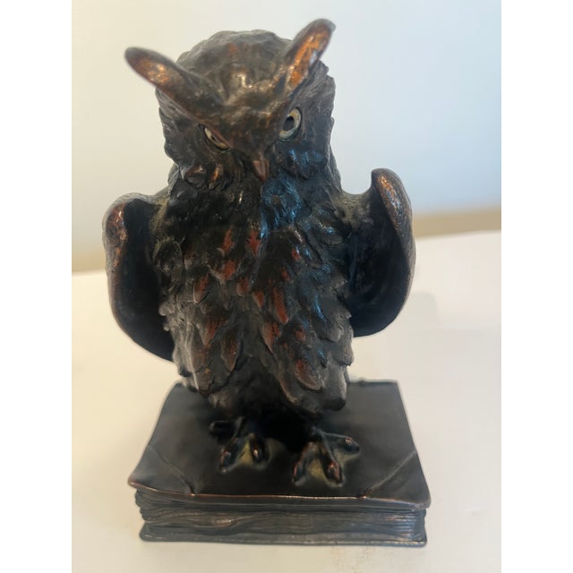 Traditional Original Bronze Owl Glass Eyes Sitting Atop a Book Austria Late 19th Century For Sale - Image 3 of 6