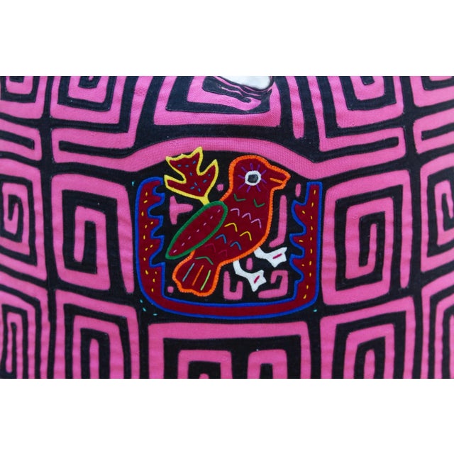 Textile Pink & Black Mola, Vintage Kuna Applique Tribal Pillow For Sale - Image 7 of 9