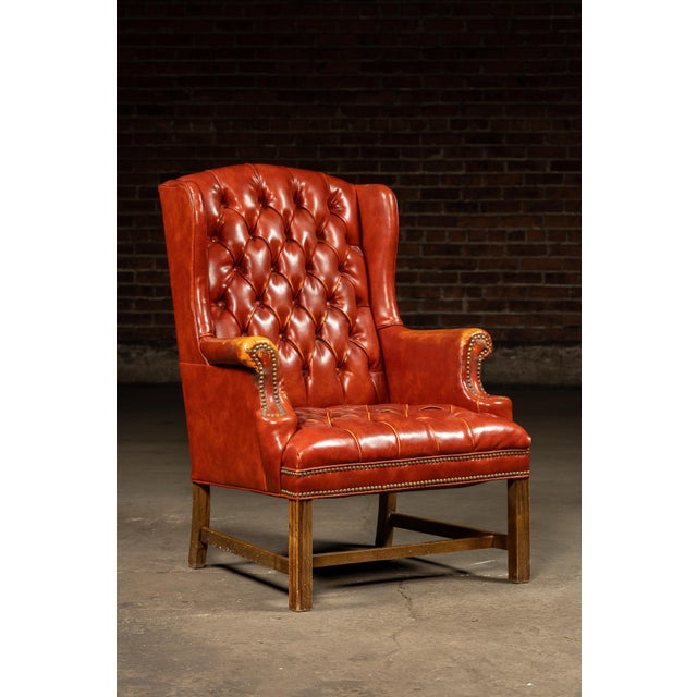 Traditional Vintage Wingback Tufted Armchair With Ottoman in Burnt Orange For Sale - Image 3 of 12