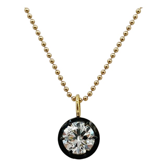 Gia 2 Carat White Round Diamond in Black Rhodium & 18k Yellow Gold Necklace For Sale