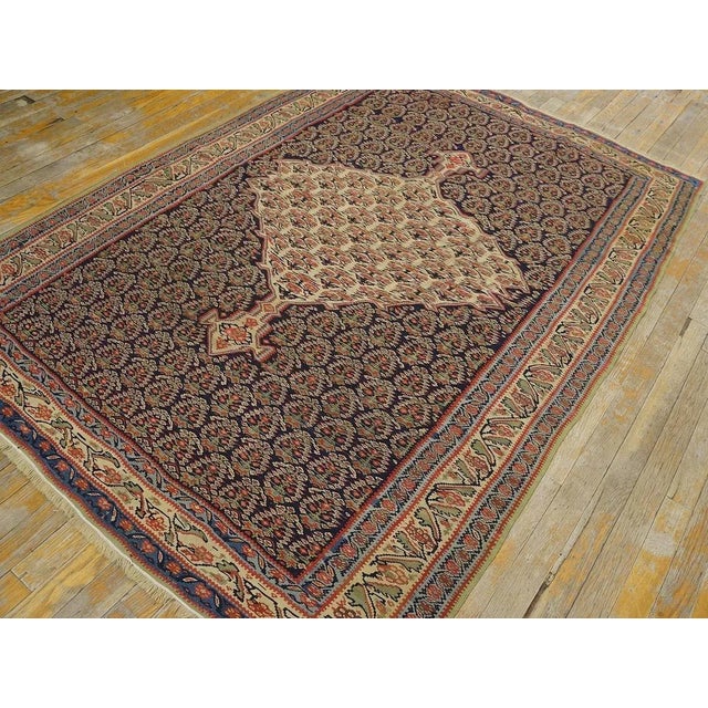 19th Century 1880s Navy Paisley Medallion Antique W. Persian Senneh Kilim 4'3" X 5'10" Knotted Wool Carpet Rug For Sale - Image 5 of 12