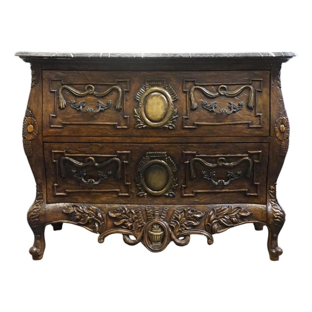 Collezione Europa Walnut French Provincial Louis XV Rococo Style 46" Two Drawer Bombe Chest W. Granite Top For Sale