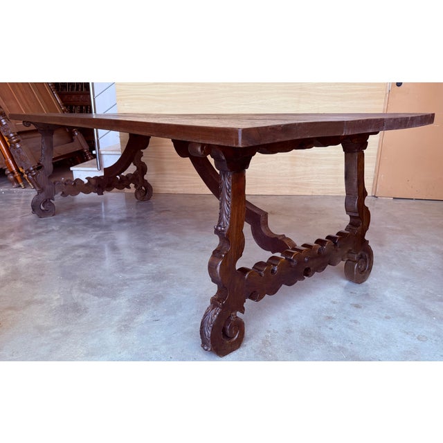 18th Large Spanish Dining or Desk Table with Carved Legs and Iron Stretcher For Sale - Image 10 of 18