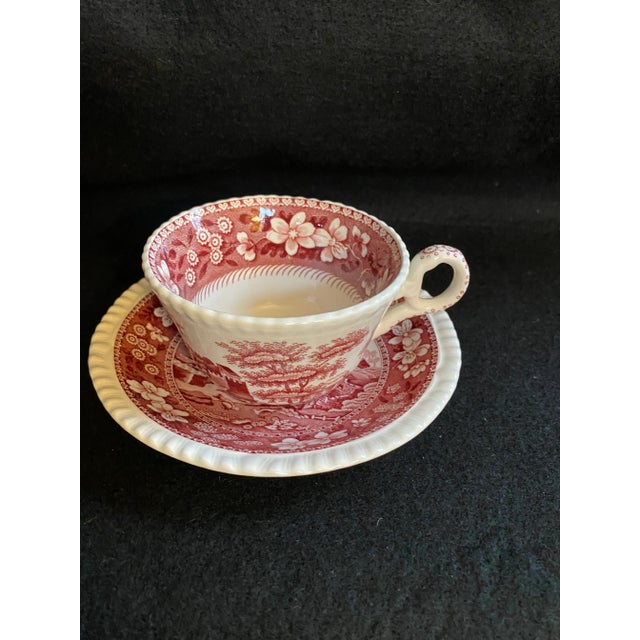 Mid 20th Century Final Markdown. Rare Find; Spode “Pink Tower” Design English Transferware Tea Cup & Saucer Set for 4(8 Pcs)Charming Ring Shaped Handles on Tea Cups. For Sale - Image 5 of 12