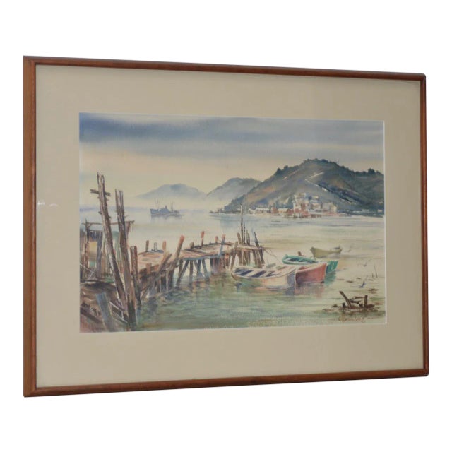 Vintage Sausalito from Belvedere Watercolor c.1960s For Sale