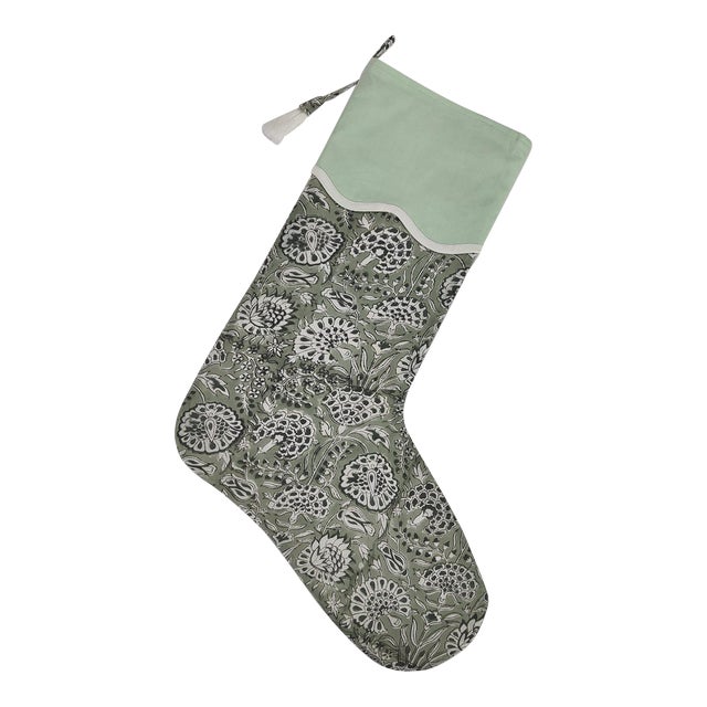 Handmade Green and White Flowers Block Print Christmas Stocking with Dark Green Piping For Sale