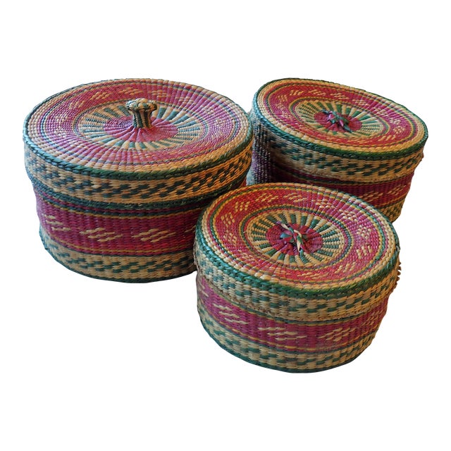 1960s MidCentury Red & Green Nesting Baskets With Lids, Set of 3