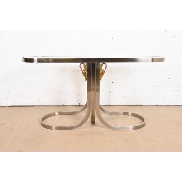 Design Institute America Modern Brushed Steel and Brass Glass Top Swan Console Table For Sale - Image 10 of 12