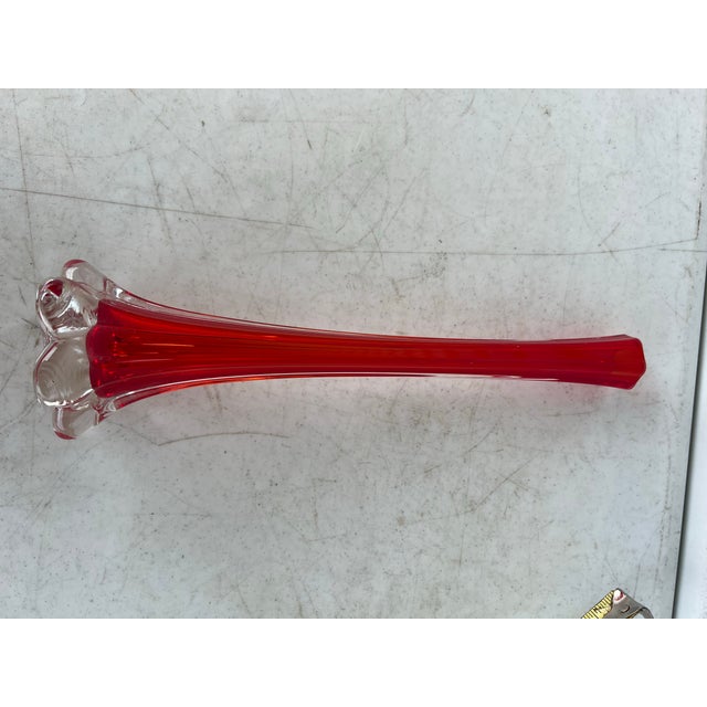 Vintage Red & Clear Modernist Elephant Foot Bud Vases. Long Stem Translucent Red Art Glass. Tall at 11.5” in height. Bud ,...