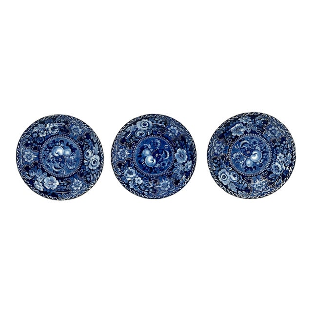 Stunning & Rare Antique Original Set of 3 Dark Flow Blue English Staffordshire 10 Inch Dinner Plates Circa 1830s For Sale