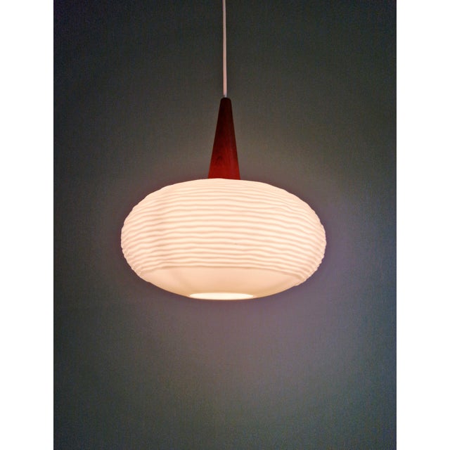 Vintage Pendant Light in White Opaline and Teak, 1960 For Sale - Image 11 of 12