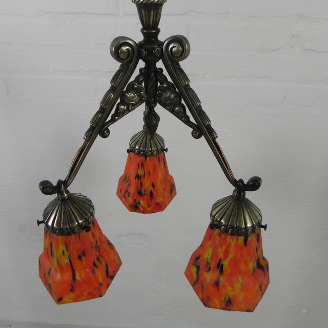Art Deco Pendant Lamp with 3 Orange Glass Shades, 1930s For Sale - Image 12 of 18