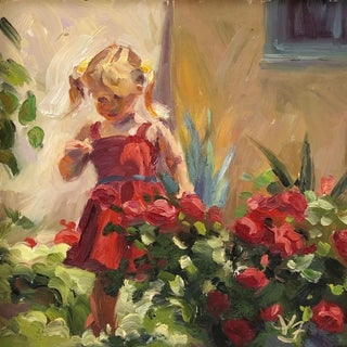 Rose-Red by Lisa Fricker | Oil on Board Painting of a girl among red roses For Sale