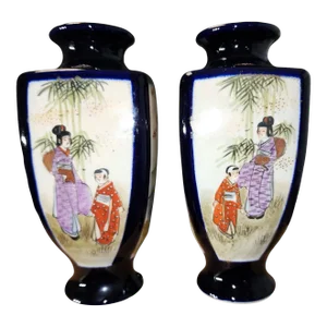 Late 19th Century Japanese Meiji Period Satsuma Four Sided Vases - A Pair